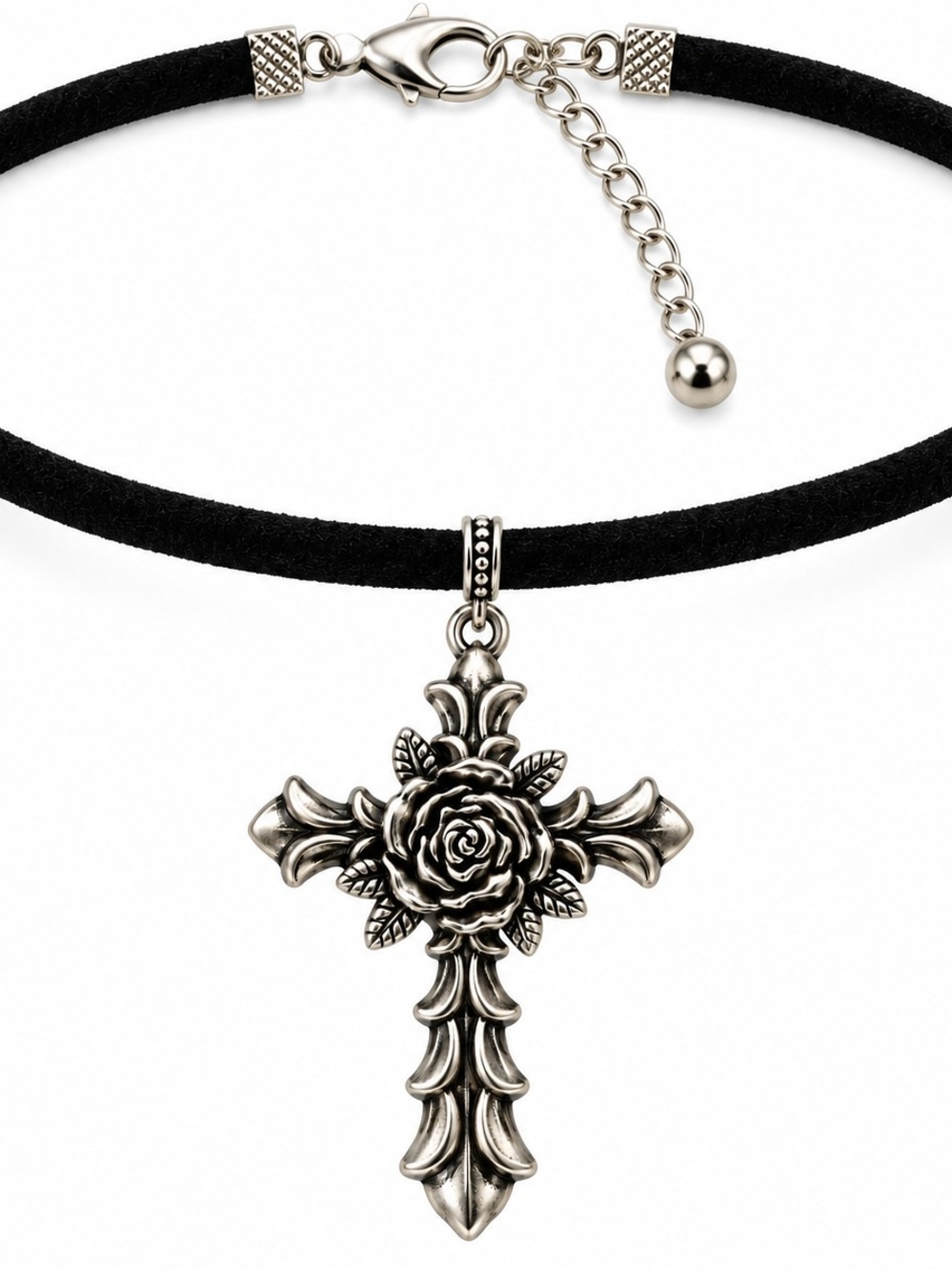 Silver Rose Cross Pendant Goth Choker Necklace - Hand Crafted - New - Picture 2 of 5